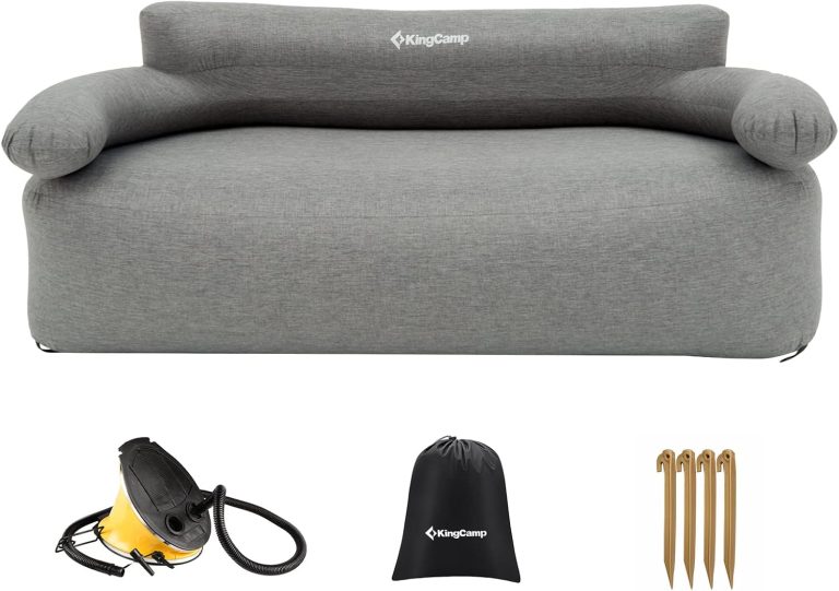 KingCamp Canapé de Camping Gonflable, Jusqu'à 400 kg, Dossier et Accoudoirs, 2 Places, 4 Piquets et Pompe à Pied